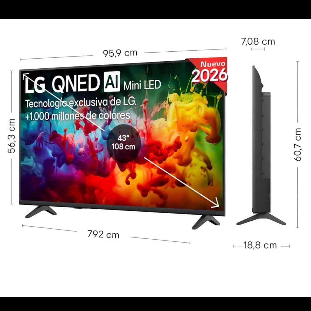 LG 43QNED70B6C Smart TV 43 pol QNED MiniLED 4K com bordas finas, base dupla, tela brilhante com cores vivas e contraste alto; acabamento preto elegante