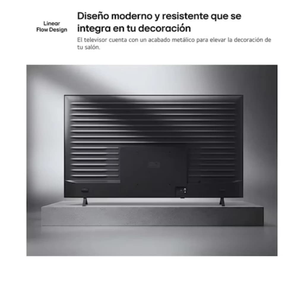 Traseira do LG 43QNED70B6C Smart TV QNED MiniLED 43 4K α7 AI Gen9 em preto, design Linear Flow com painéis texturizados e suporte metálico minimalista