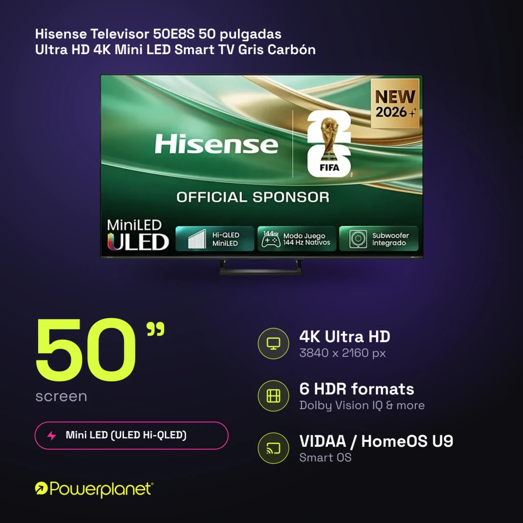 Televisor Hisense 50E8S 50 pulgadas con panel Mini LED 4K, tasa de 144 Hz, modo juego 144 Hz nativos, ULED, subwoofer integrado y diseño de biseles delgados - Ítem5