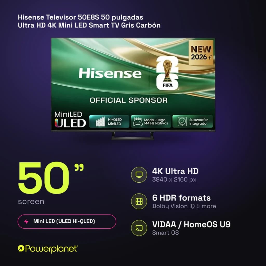 Televisor Hisense 50E8S 50 polegadas com ecrã 4K Mini LED 144Hz, cores vivas, pretos profundos, Dolby Vision IQ, som imersivo e design fino em cinzento