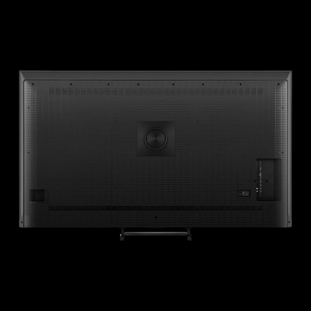 Arrière du Téléviseur Hisense 85E8S 85 pouces avec panneau noir, évents de ventilation, connectiques latérales et pied central robuste