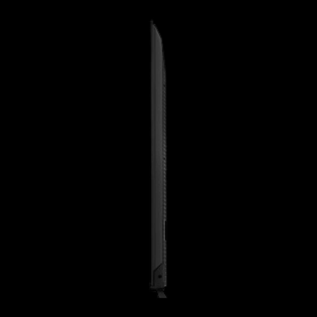 Profil latéral du Téléviseur Hisense 85E8S 85 pouces Mini LED 4K, châssis ultra fin noir avec évents arrière et ports discrets, design épuré 144Hz