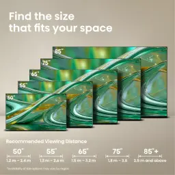 Téléviseur Hisense 85E8S 85 pouces Mini LED 4K avec dalle 144Hz, bords fins et image fluide aux teintes vertes et dorées, idéal grands salons