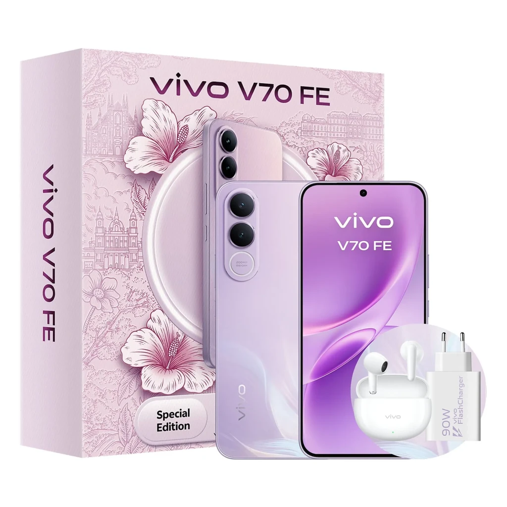 Vivo V70 FE lilás com tela ampla, câmera dupla traseira 200 MP, módulo frontal central, 8 GB 256 GB; inclui carregador 90 W e auriculares brancos - Item9