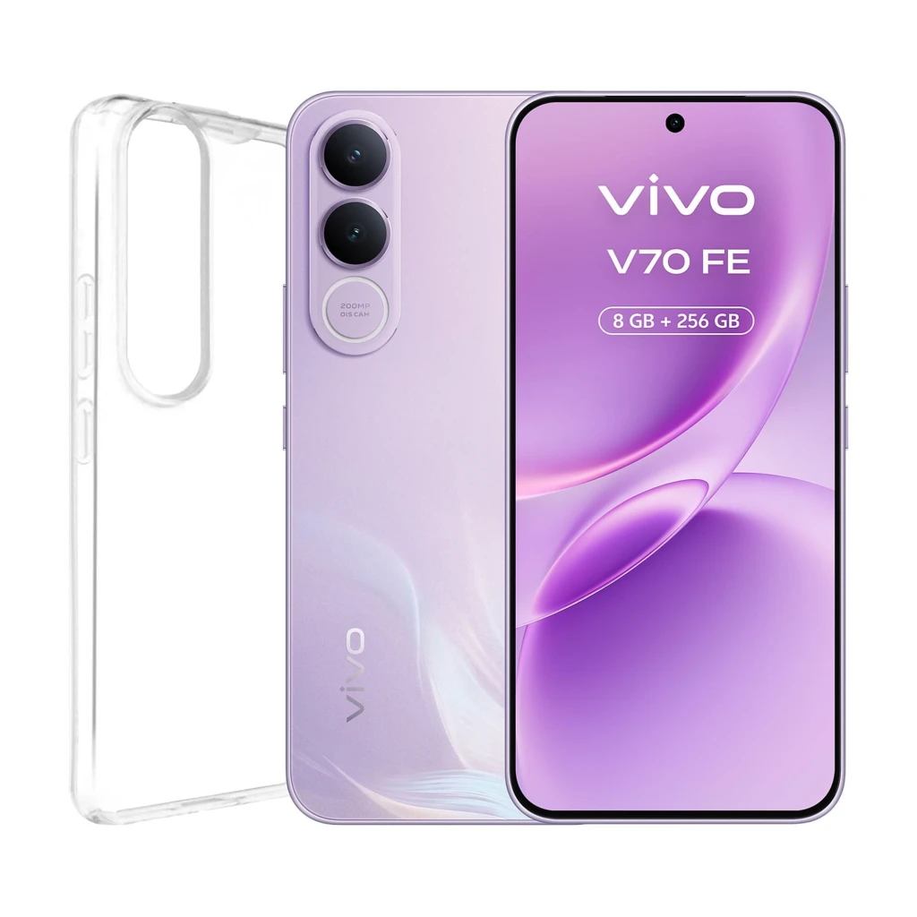 Vivo V70 FE lilás com tela ampla, câmera dupla traseira 200 MP, módulo frontal central, 8 GB 256 GB; inclui carregador 90 W e auriculares brancos - Item8