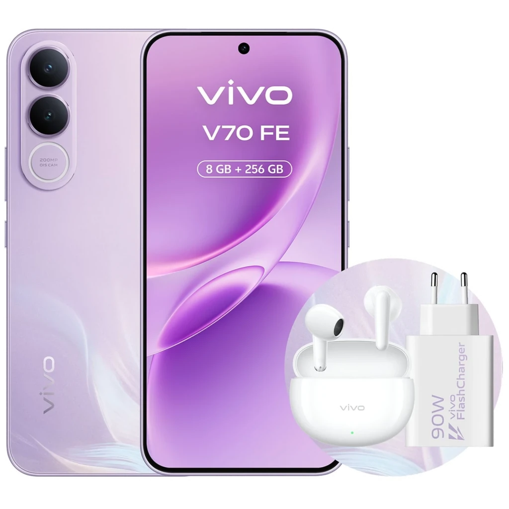 Vivo V70 FE lilás com tela ampla, câmera dupla traseira 200 MP, módulo frontal central, 8 GB 256 GB; inclui carregador 90 W e auriculares brancos - Item