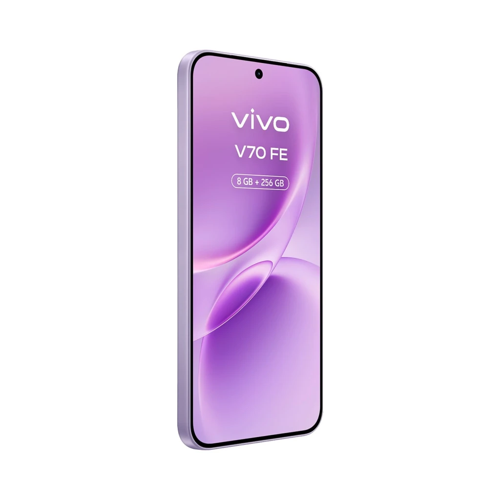 Vivo V70 FE lilás com tela ampla, câmera dupla traseira 200 MP, módulo frontal central, 8 GB 256 GB; inclui carregador 90 W e auriculares brancos - Item5