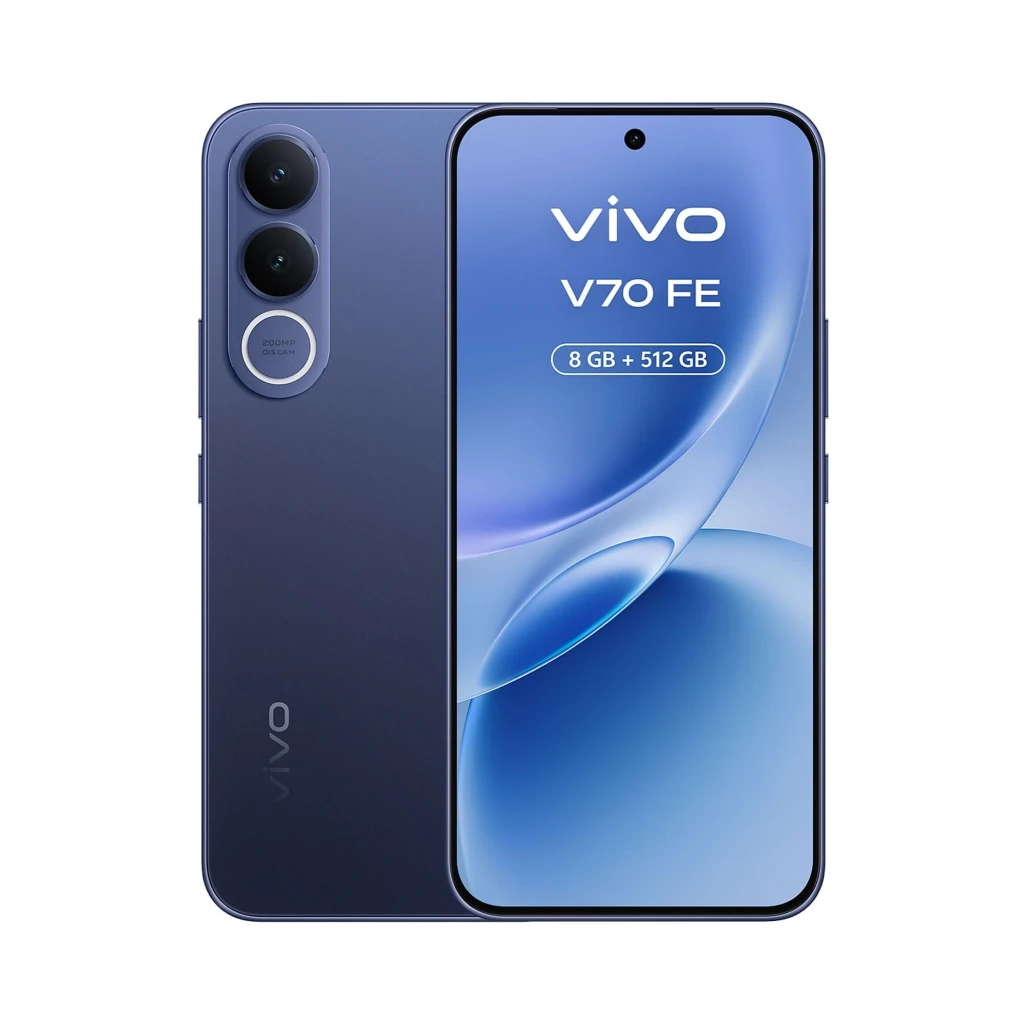Smartphone bleu Vivo V70 FE 5G écran bord à bord avec caméra 200 Mpx double module; inclus chargeur 90 W et écouteurs blancs en étui - Ítem1