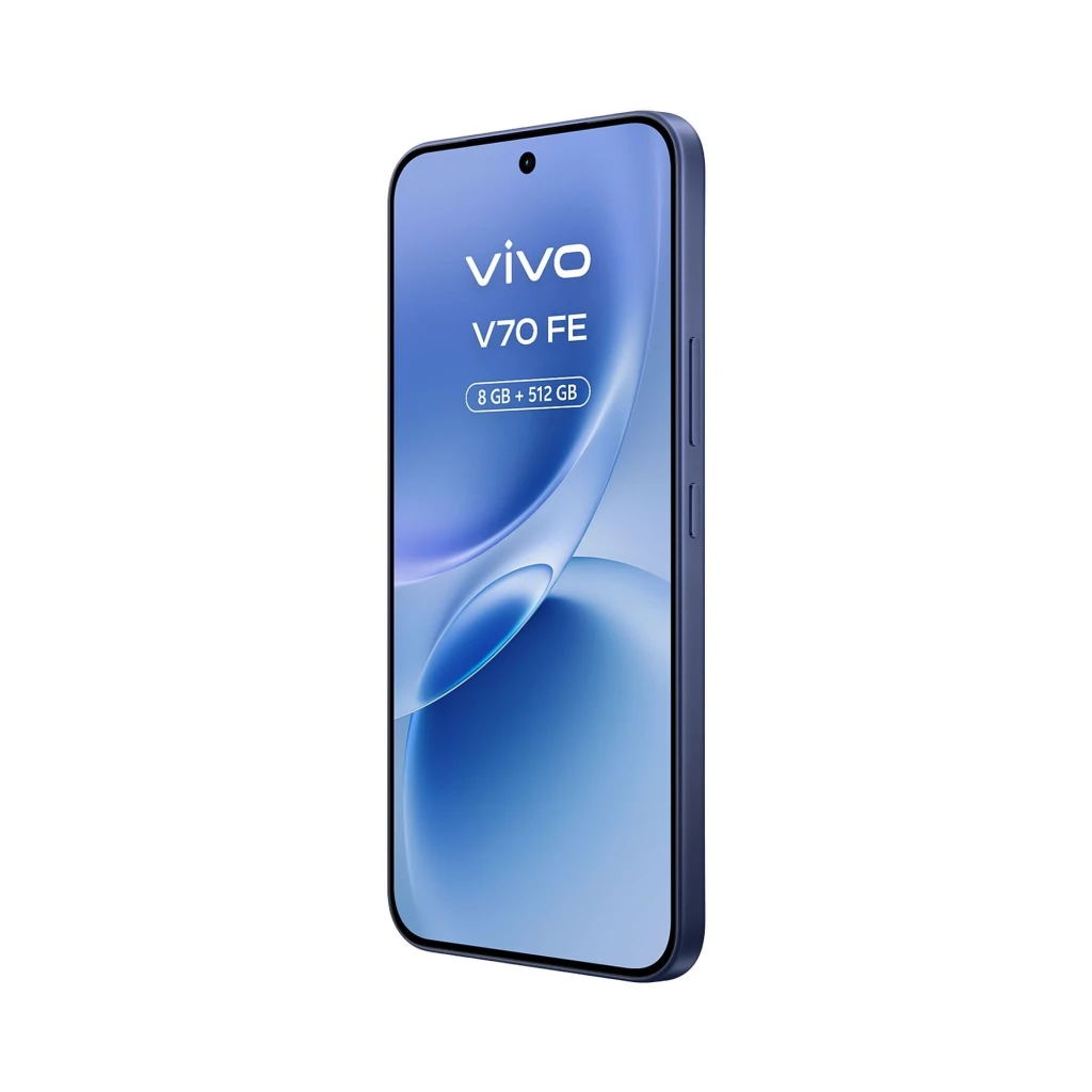 Smartphone bleu Vivo V70 FE 5G écran bord à bord avec caméra 200 Mpx double module; inclus chargeur 90 W et écouteurs blancs en étui - Ítem3