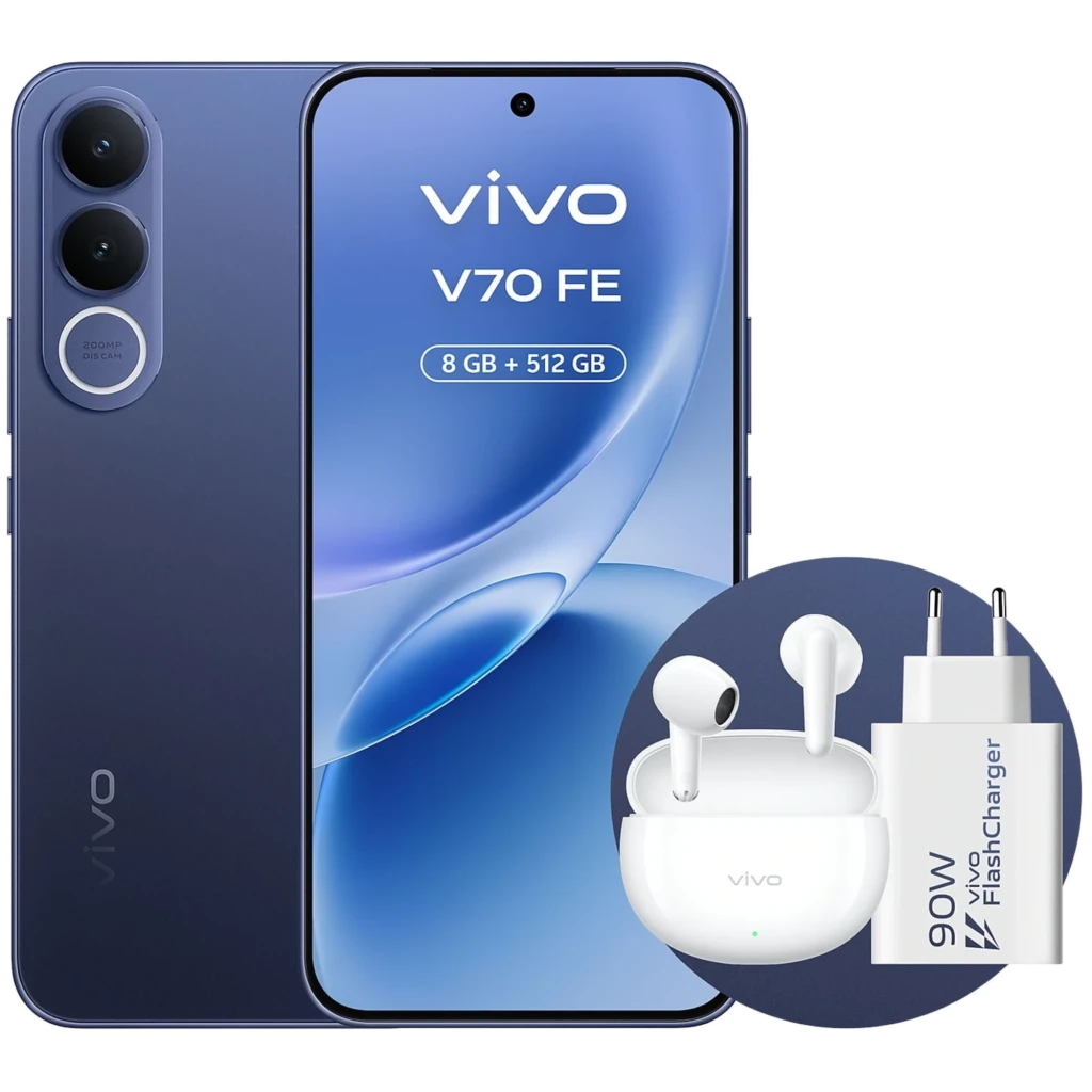 Smartphone bleu Vivo V70 FE 5G écran bord à bord avec caméra 200 Mpx double module; inclus chargeur 90 W et écouteurs blancs en étui - Ítem