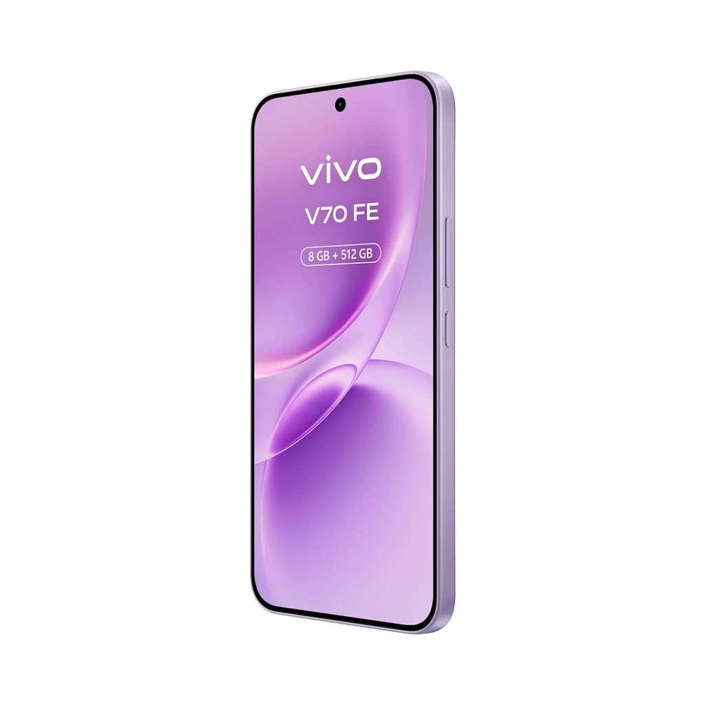 Vivo V70 FE 5G lila avec écran bord à bord, double module photo 200 Mpx, plus chargeur 90 W et écouteurs blancs en étui compact - Ítem4