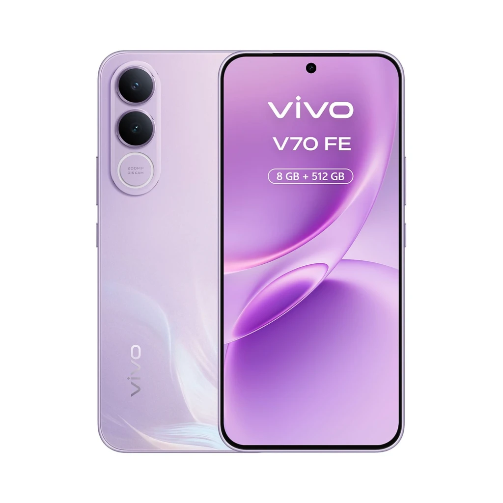 Vivo V70 FE 5G lila avec écran bord à bord, double module photo 200 Mpx, plus chargeur 90 W et écouteurs blancs en étui compact - Ítem1