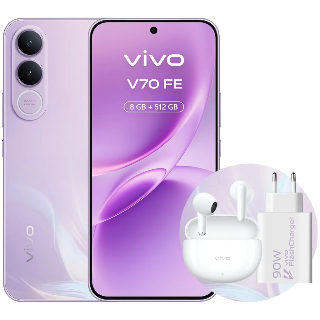 Vivo V70 FE 5G lila avec écran bord à bord, double module photo 200 Mpx, plus chargeur 90 W et écouteurs blancs en étui compact - Ítem