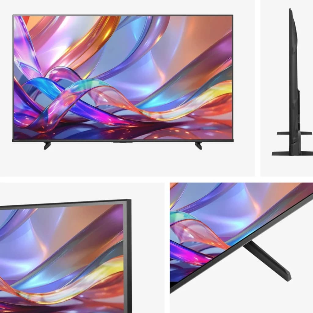 Téléviseur Hisense 65E7S 65 pouces QLED 4K noir, écran bord fin, couleurs vives, design ultra mince, pieds angulaires stables, bords métalliques élégants