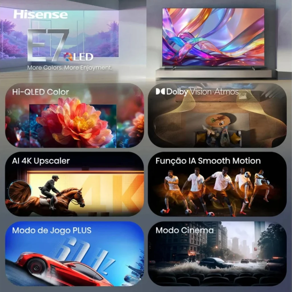 Hisense 43E7S Smart TV QLED 43 4K preta com moldura fina, pés duplos, tela sem bordas aparentes, selo FIFA, ícones Dolby Vision Atmos, AI 4K Upscaler e - Item1