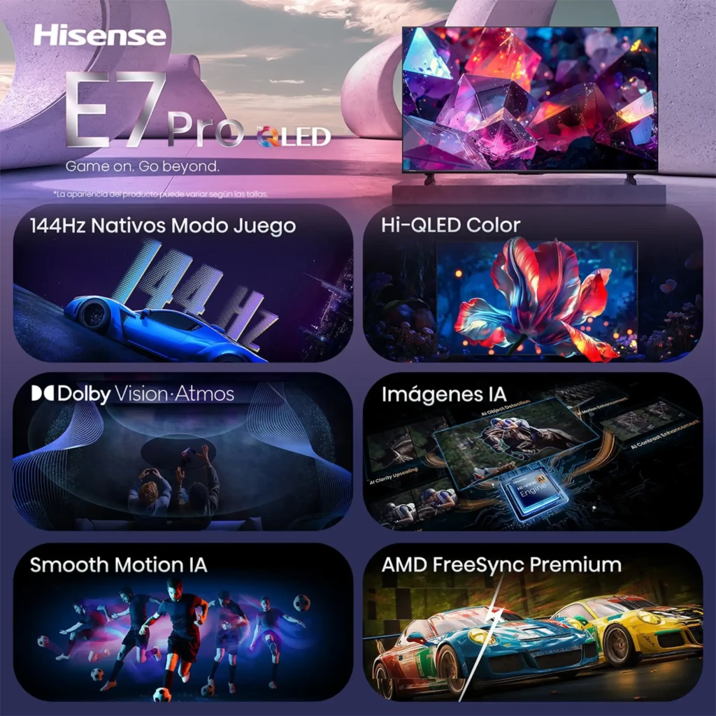 Hisense 55E7S PRO Smart TV QLED 55 4K, bordas finas, tela ampla com cores vibrantes, suporte a 144Hz, Dolby Vision-Atmos, modos de jogo e imagens otimizadas por IA - Item1