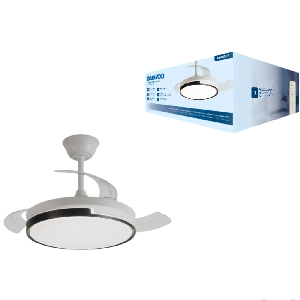 Daewoo DW5005 Ventilador de teto 30 W, 6 velocidades, design moderno branco com aro circular preto e pás retráteis curvas, acabamento fosco elegante - Item3
