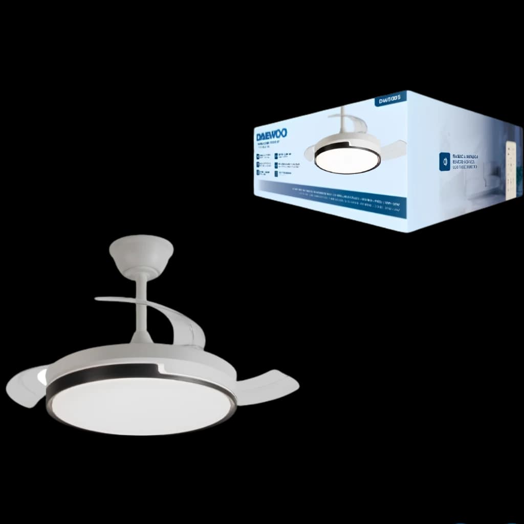Daewoo DW5005 Ventilateur de plafond 30 W avec pales rétractables, 6 vitesses, éclairage LED intégré blanc, design moderne compact et silencieux