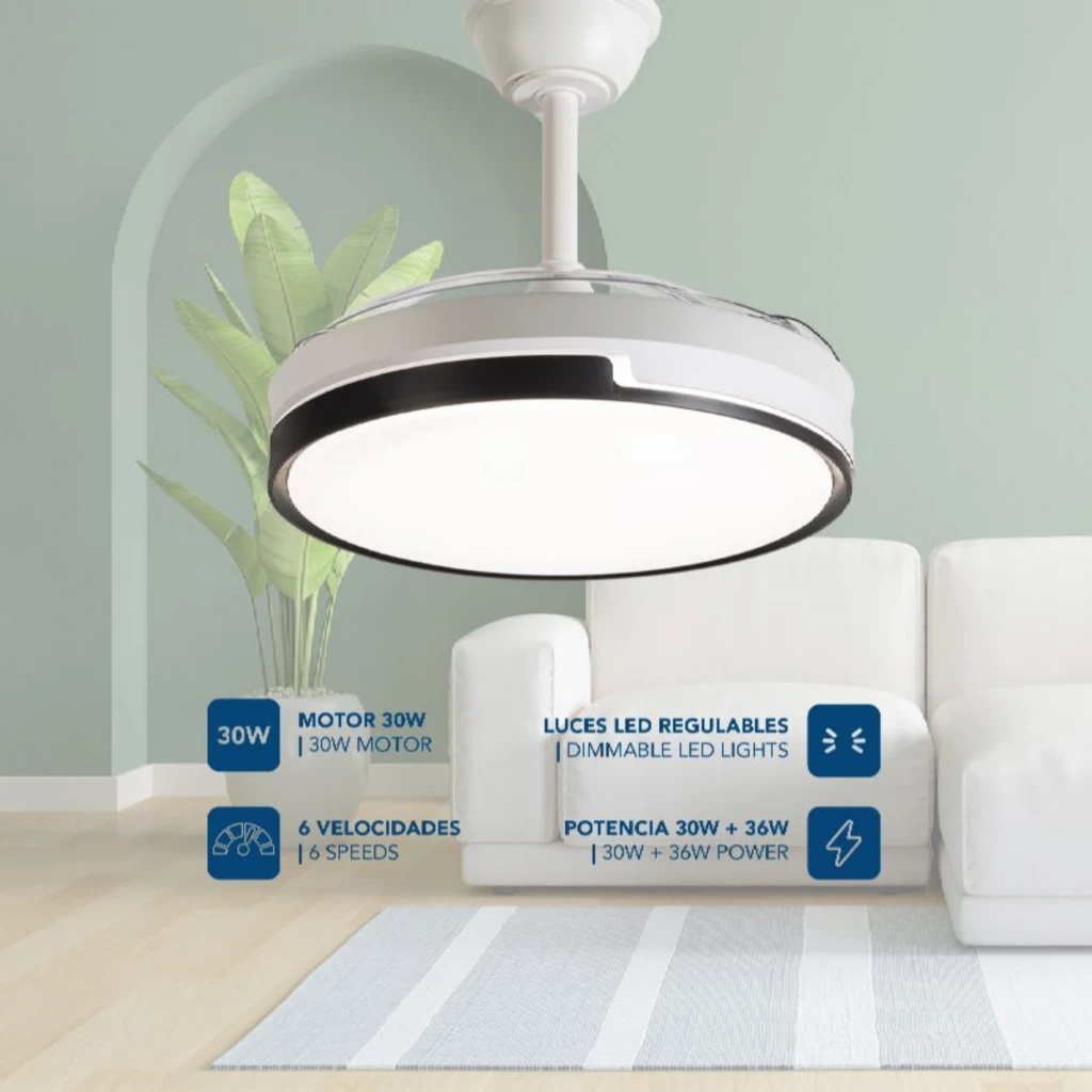 Daewoo DW5005 Ventilador de teto 30 W, 6 velocidades, design moderno branco com aro circular preto e pás retráteis curvas, acabamento fosco elegante - Item6