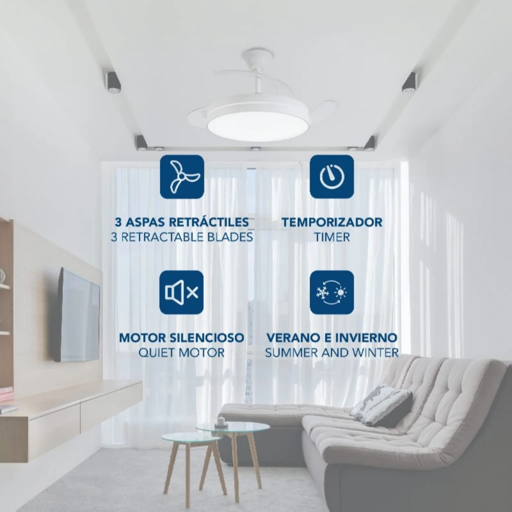 Daewoo DW5008 Ventilador de teto 30 W com 6 velocidades, design branco, pás retráteis e luminária LED circular integrada, estilo moderno e compacto - Item5