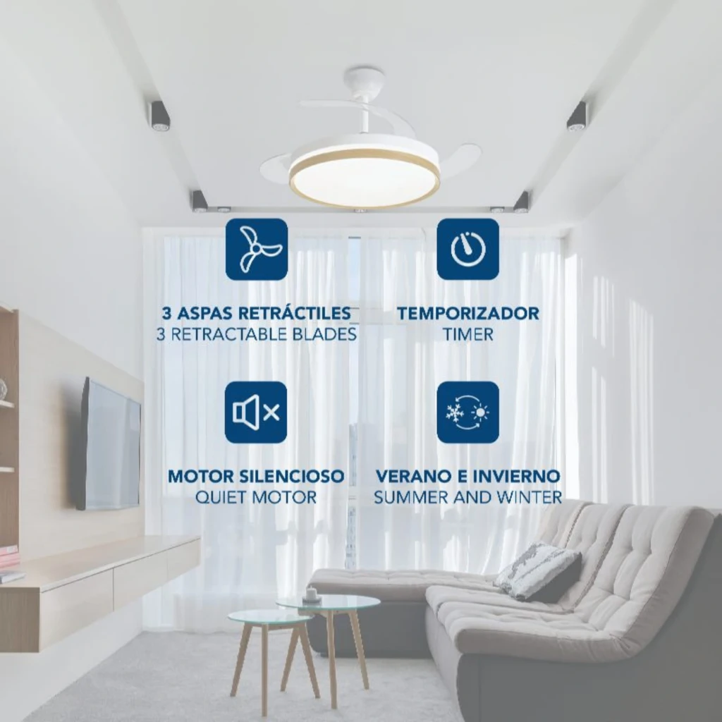 Daewoo DW5010 Ventilador de teto 30 W com luz LED circular difusa, aro em madeira clara e pás brancas curvas retráteis, 6 velocidades silenciosas - Item6
