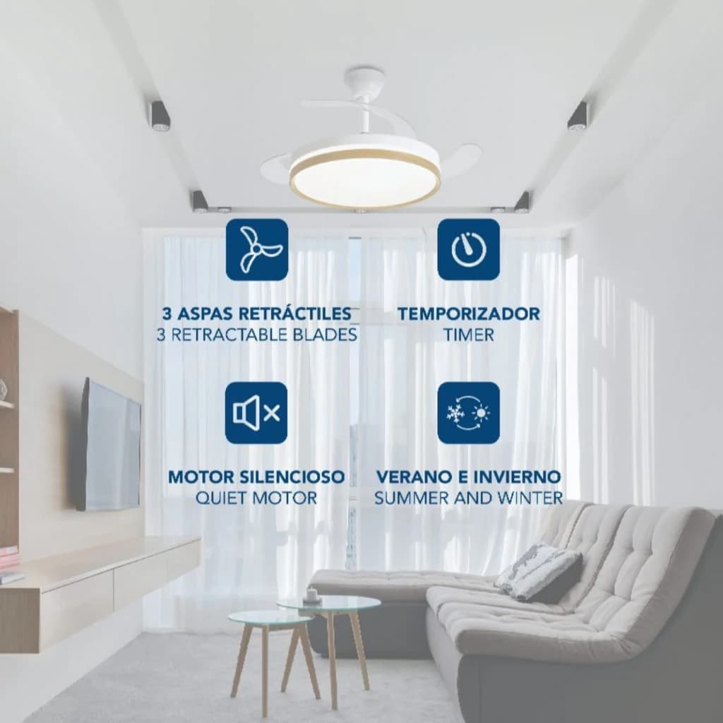 Daewoo DW5010 Ventilador de Techo 30 W con 3 aspas retráctiles, luz LED circular, 6 velocidades, temporizador y modo verano e invierno. Motor silencioso.