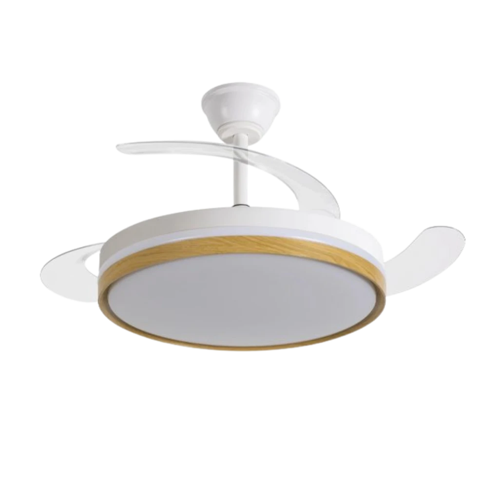 Daewoo DW5010 Ventilador de teto 30 W com luz LED circular difusa, aro em madeira clara e pás brancas curvas retráteis, 6 velocidades silenciosas - Item1