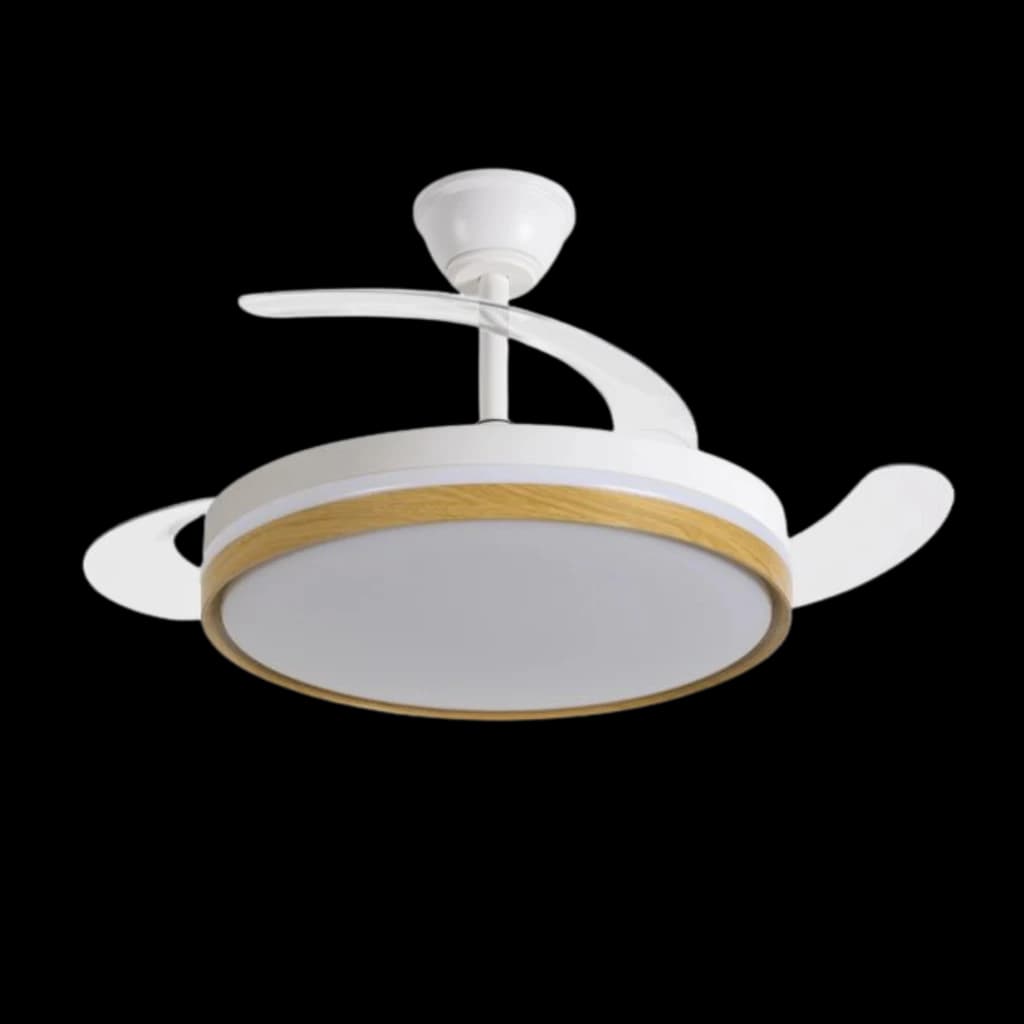 Daewoo DW5010 Ventilador de Techo 30 W 6 Velocidades con lámpara LED central, cuerpo blanco, aro efecto madera y aspas curvadas retráctiles