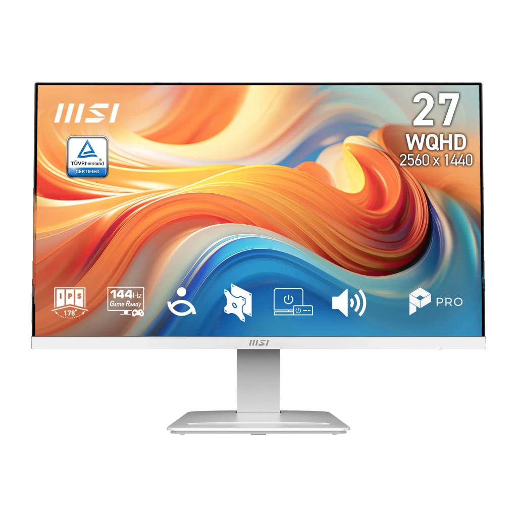 Monitor MSI Pro MP273QW E14 blanco de 27 pulgadas, marco fino, panel IPS QHD 2560x1440, 144Hz, 4ms GTG, base robusta y diseño minimalista