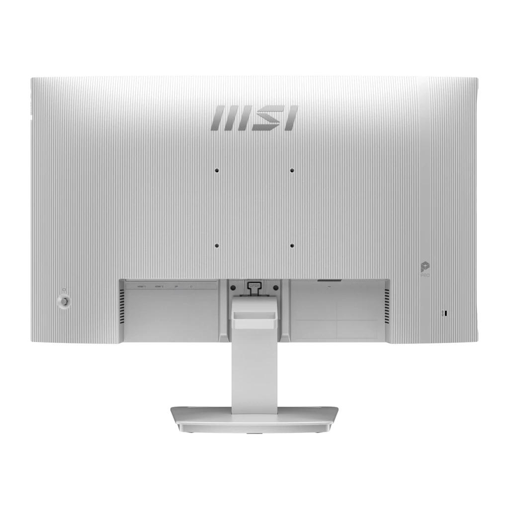Parte trasera del Monitor MSI Pro MP273QW E14 blanco, panel de 27 pulgadas con acabado texturizado, soporte ajustable y puertos ocultos para un look limpio
