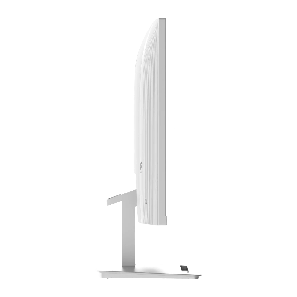 Perfil lateral del Monitor MSI Pro MP273QW 27 pulgadas blanco, diseño ultrafino con soporte metálico minimalista y acabado texturizado en la parte trasera