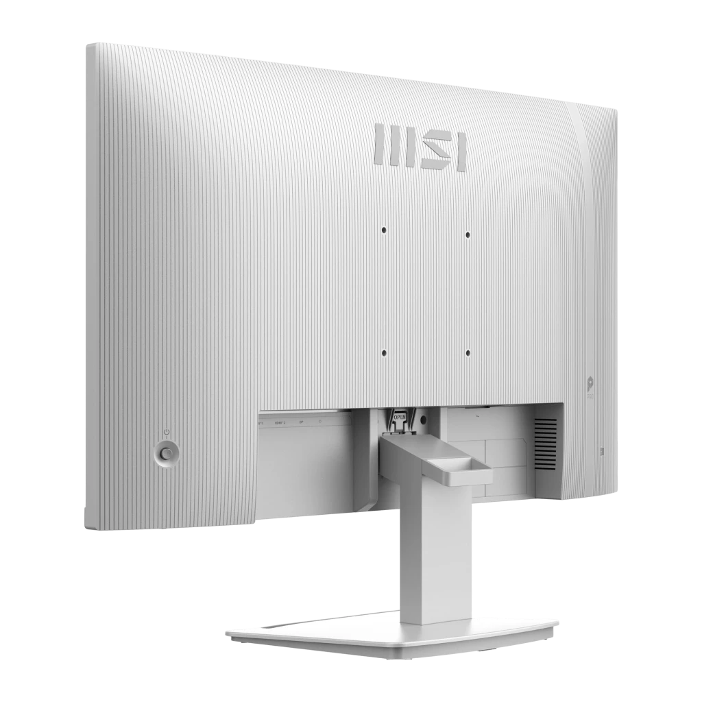 Monitor MSI Pro MP273QW E14 blanco de 27 pulgadas, respaldo texturizado, soporte robusto ajustable, diseño minimalista con gestión de cables discreta