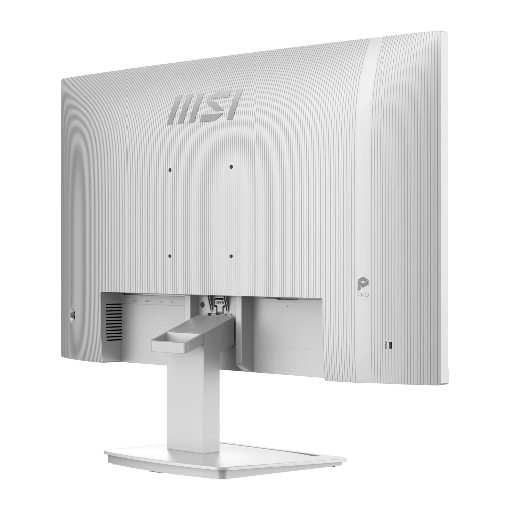 Monitor MSI Pro MP273QW E14 blanco de 27 pulgadas, panel trasero texturizado con logo MSI, soporte metálico robusto y gestión de cables integrada