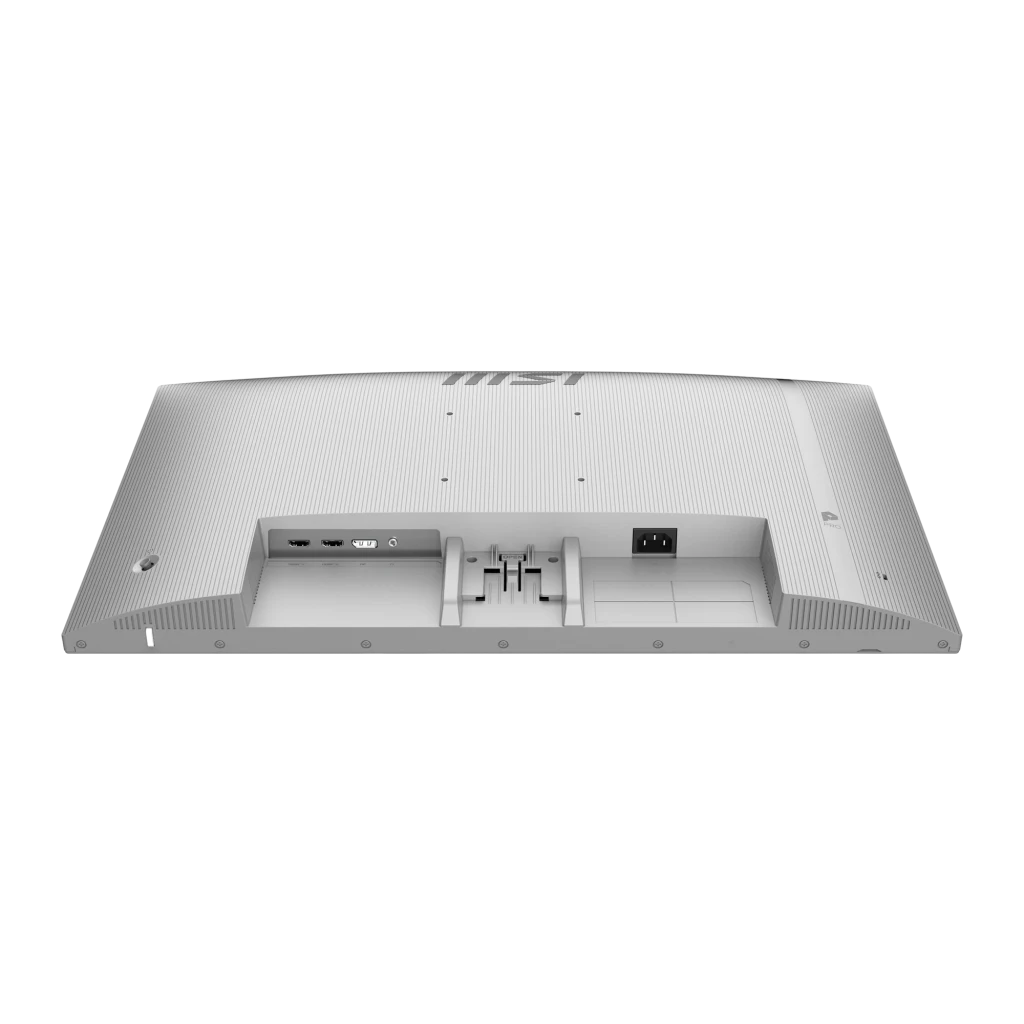 Parte trasera blanca acanalada con puertos HDMI, DisplayPort, audio y energía; soporte central integrado del monitor MSI Pro MP273QW 27 pulgadas QHD 144Hz IPS