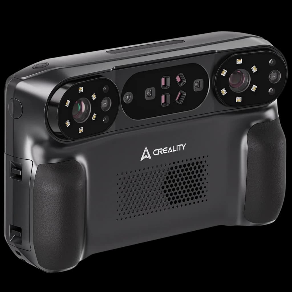 Creality Sermoon P1 Escáner 3D inalámbrico, cuerpo negro compacto con doble cámara frontal, LEDs integrados, agarres ergonómicos y ventilación perforada