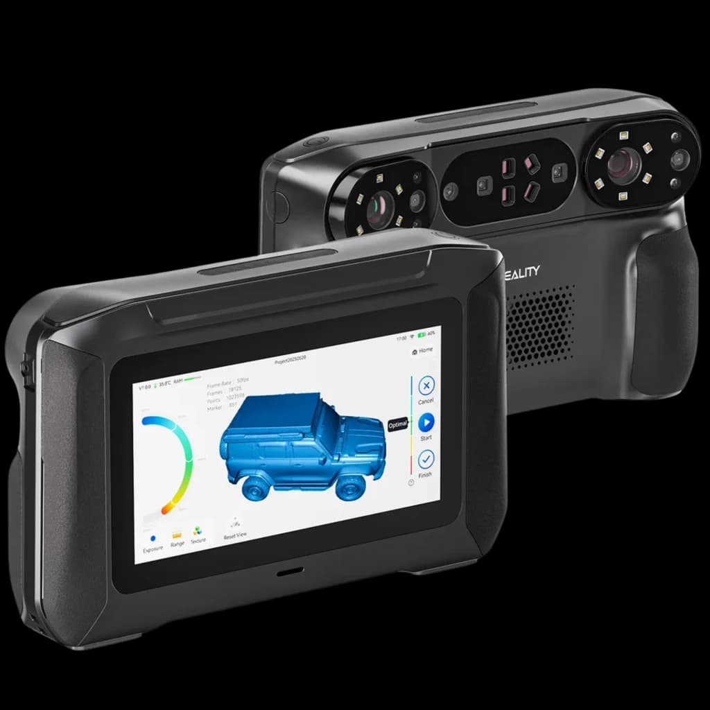 Escáner 3D portátil Creality Sermoon P1 con pantalla táctil, cámaras duales y luces integradas; precisión 0,02 mm, 100 FPS y conectividad inalámbrica