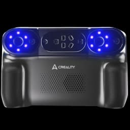 Escáner 3D portátil con doble lente, anillos de LED azules, controles frontales y empuñaduras ergonómicas; acabado negro mate con rejilla y logo Creality