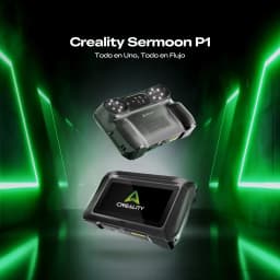 Escáner 3D Creality Sermoon P1 compacto con cámaras duales y luces integradas, pantalla táctil frontal y carcasa robusta en negro con acentos verdes