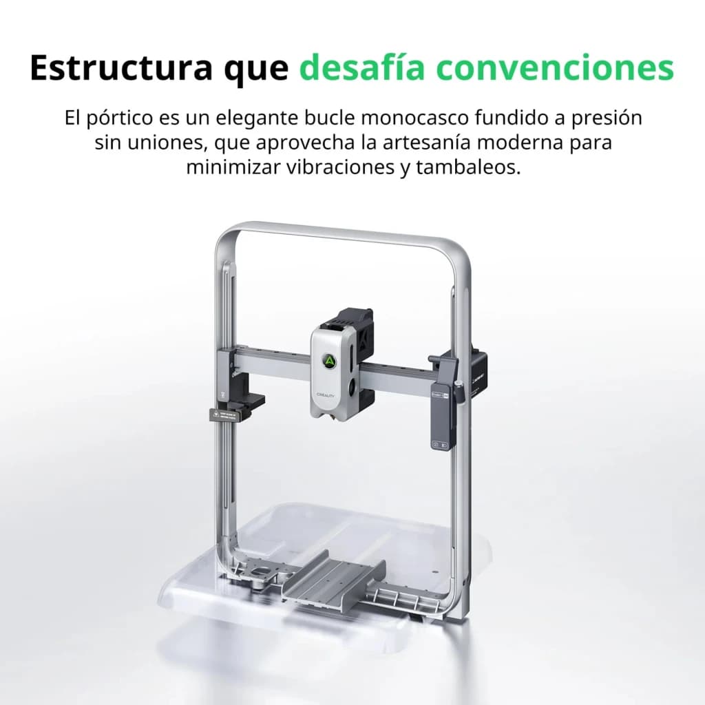 Châssis monocoque en boucle élégante, aluminium argenté, module central compact avec caméra, rails précis et plateau transparent pour une impression