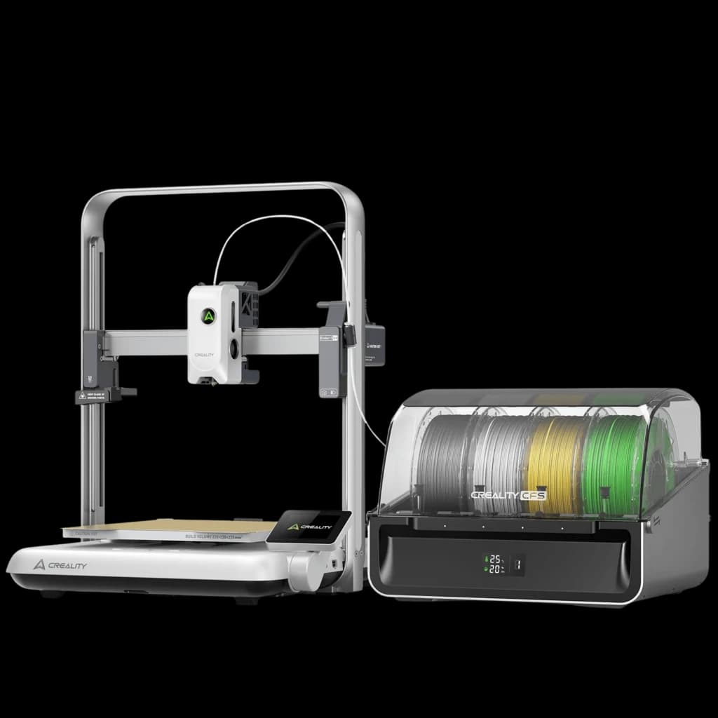 Imprimante 3D FDM Creality Ender-3 V4 Combo avec cadre alu gris, plateau doré, tête blanche et boîtier multi-bobines transparent, design compact et propre