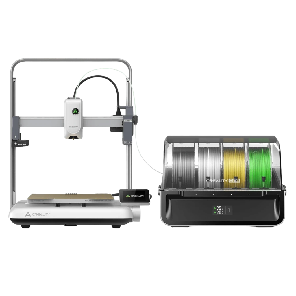 Imprimante 3D FDM Creality Ender-3 V4 Combo avec cadre alu gris, plateau doré, tête blanche et boîtier multi-bobines transparent, design compact et propre - Ítem1