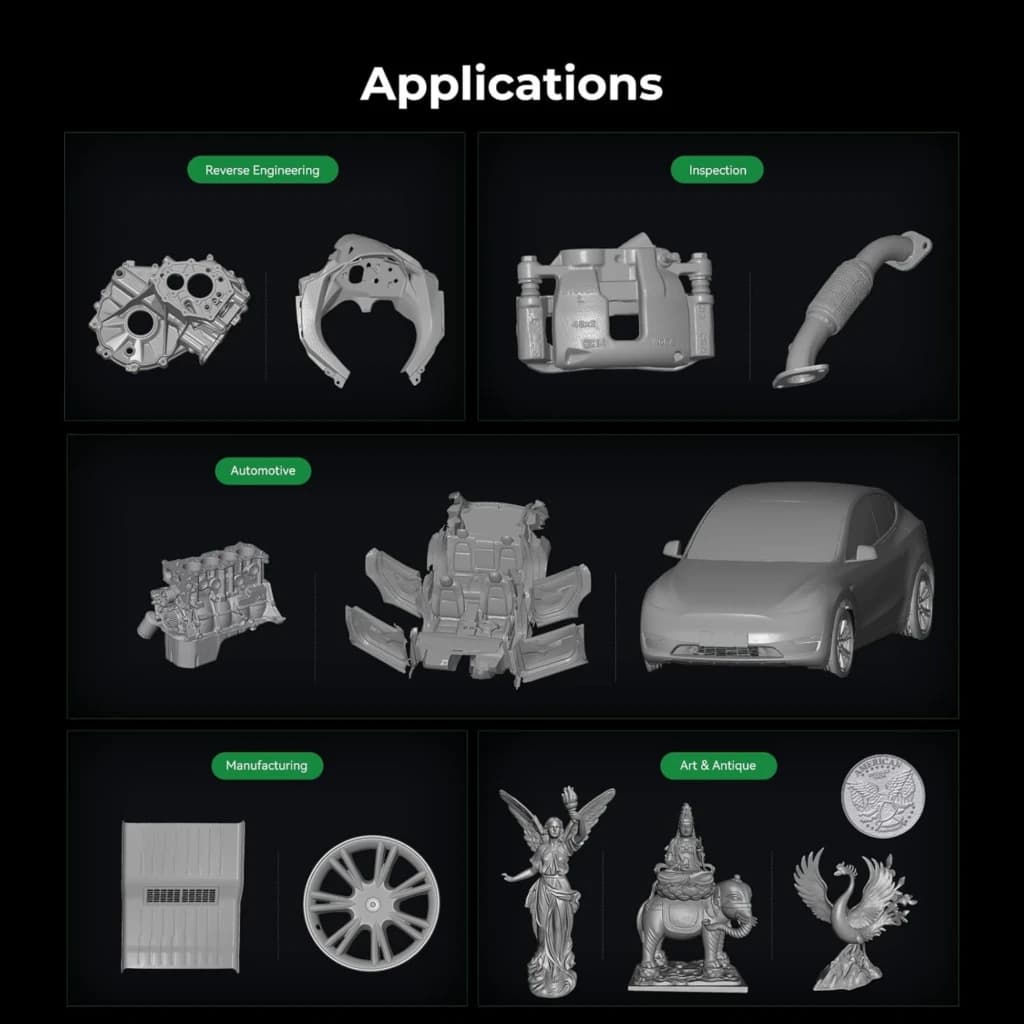 Aplicações do Creality CR-Scan Raptor Pro: engenharia reversa, inspeção, automotivo, manufatura e arte, com modelos 3D detalhados e texturas precisas