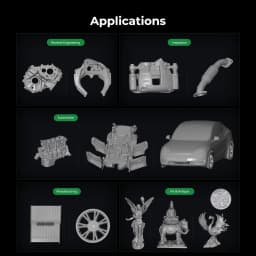 Aplicações do Creality CR-Scan Raptor Pro: engenharia reversa, inspeção, automotivo, manufatura e arte, com modelos 3D detalhados e texturas precisas