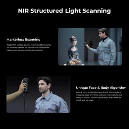 Scanner 3D portátil em uso, capturando estátua e corpo humano; design compacto de mão, luz NIR estruturada, sem marcadores, ideal para digitalização