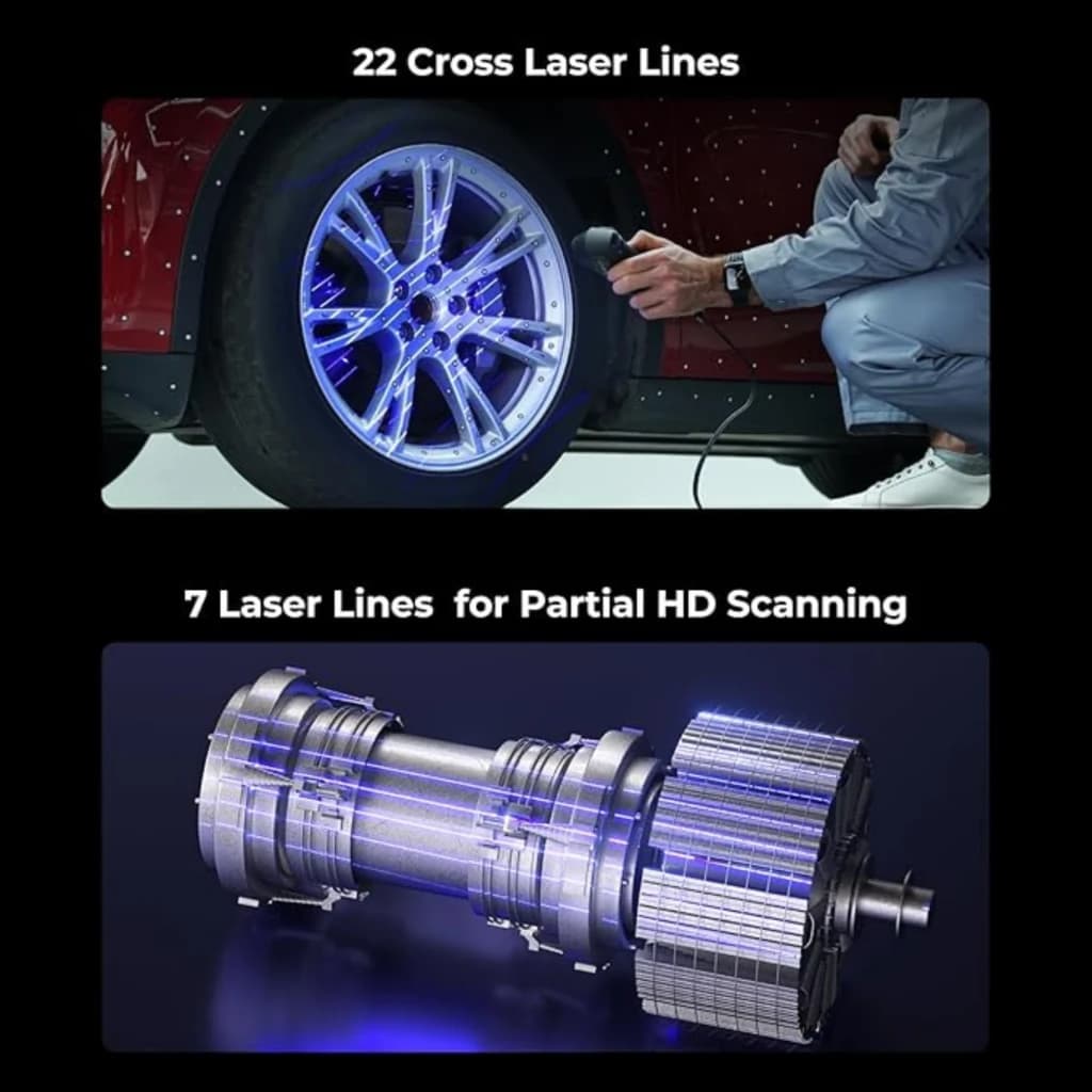 Creality CR-Scan Raptor Pro sem fios, 22 linhas laser cruzadas e 7 linhas para varredura parcial HD, captura peças automotivas e industriais com alta precisão