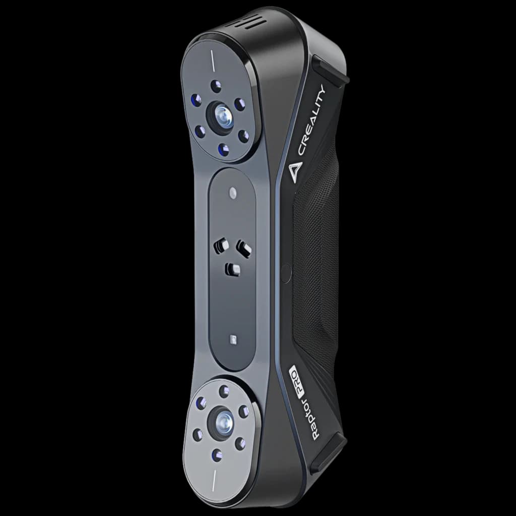 Creality CR-Scan Raptor Pro preto, corpo ergonômico, duas matrizes de sensores com LEDs azuis, botões laterais e pega texturizada para scanner 3D portátil