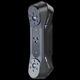 Creality CR-Scan Raptor Pro preto, corpo ergonômico, duas matrizes de sensores com LEDs azuis, botões laterais e pega texturizada para scanner 3D portátil