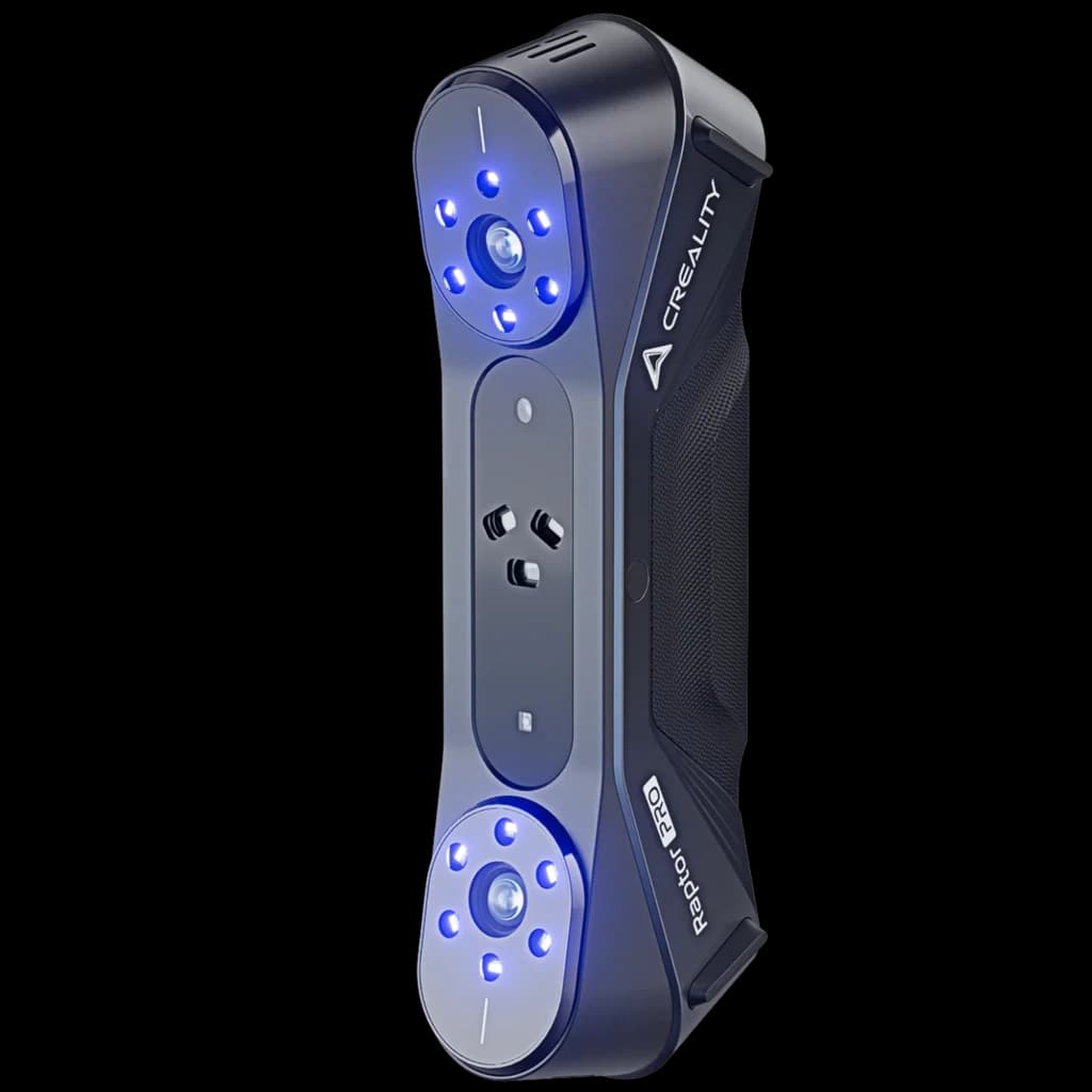 Scanner 3D portátil cinza com dois módulos de captura circulares iluminados em azul, corpo ergonômico com grip texturizado e porta lateral para conexões