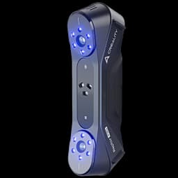 Scanner 3D portátil cinza com dois módulos de captura circulares iluminados em azul, corpo ergonômico com grip texturizado e porta lateral para conexões