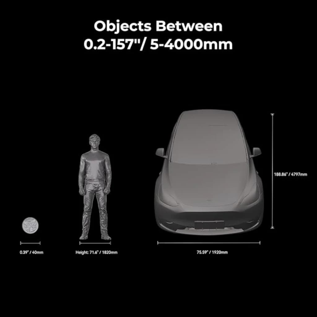 Gráfico mostra alcance do scanner: objetos de 0,2 a 4000 mm, do tamanho de uma moeda a um carro, com medidas ilustradas ao lado para referência visual